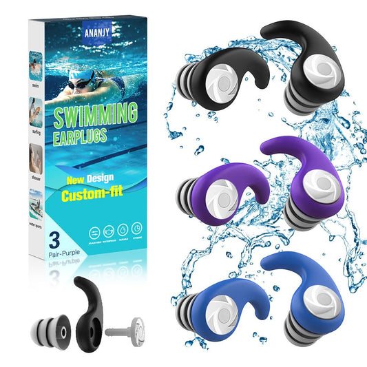 Waterproof Swimming Ear Plugs (3 Pairs) Reusable Silicone Swim Ear Protection for Pool, Surf, and Open Water