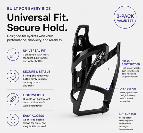 RideLock Bike Bottle Cage Lightweight Universal Bottle Holder for Road & Mountain Bikes (2 pack)