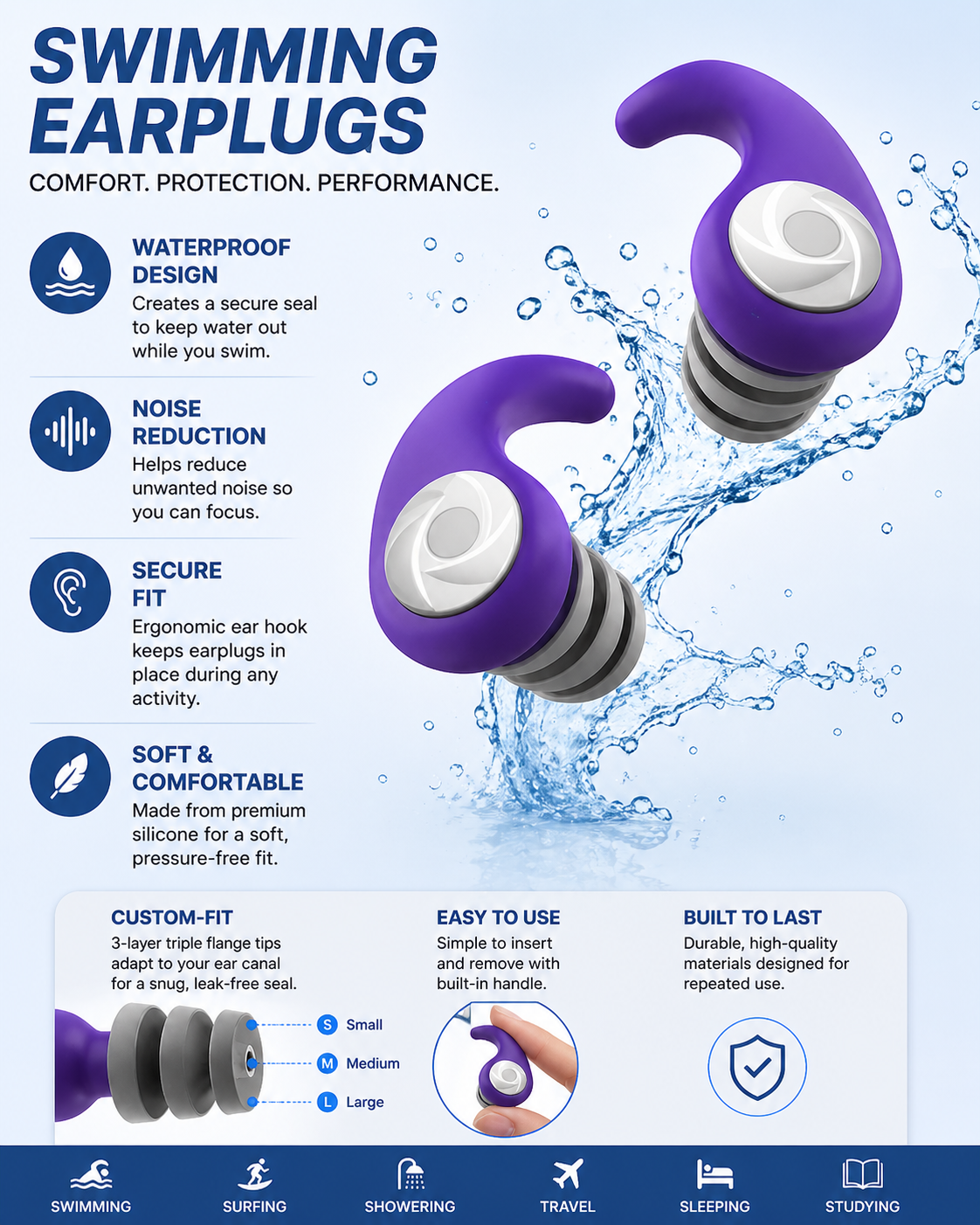 Waterproof Swimming Ear Plugs (3 Pairs) Reusable Silicone Swim Ear Protection for Pool, Surf, and Open Water